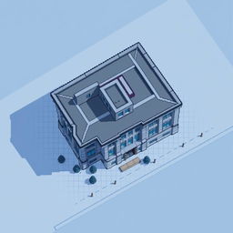 A top-down view of a building in pixel art style, featuring a gray-blue color palette