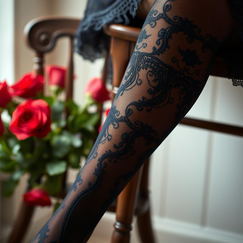 A close-up shot of elegant black lace stockings elegantly draped over a vintage wooden chair, with soft lighting creating a warm, inviting atmosphere