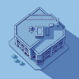 A top-down view of a building in pixel art style, featuring a gray-blue color palette