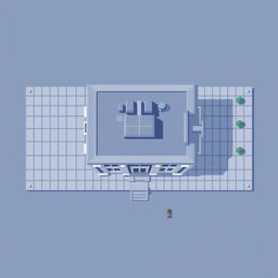 A top-down view of a building in pixel art style, featuring a gray-blue color palette