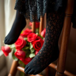 A close-up shot of elegant black lace stockings elegantly draped over a vintage wooden chair, with soft lighting creating a warm, inviting atmosphere