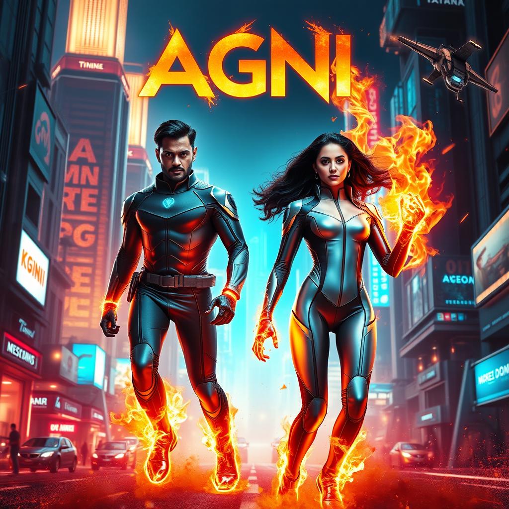 A cinematic sci-fi action superhero film poster titled 'AGNI', featuring a modern Indian man and woman in sleek, futuristic full-body superhero costumes