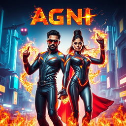 A cinematic sci-fi action superhero film poster titled 'AGNI', featuring a modern Indian man and woman in sleek, futuristic full-body superhero costumes