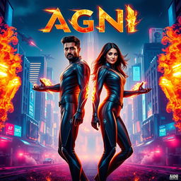 A cinematic sci-fi action superhero film poster titled 'AGNI', featuring a modern Indian man and woman in sleek, futuristic full-body superhero costumes