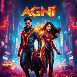 A cinematic sci-fi action superhero film poster titled 'AGNI', featuring a modern Indian man and woman in sleek, futuristic full-body superhero costumes