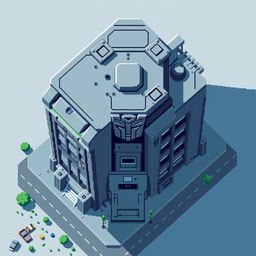 A top-down view of an Autobot building in pixel art style, featuring a gray-blue color palette