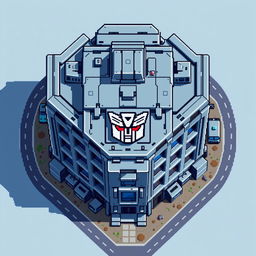 A top-down view of an Autobot building in pixel art style, featuring a gray-blue color palette