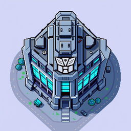 A top-down view of an Autobot building in pixel art style, featuring a gray-blue color palette