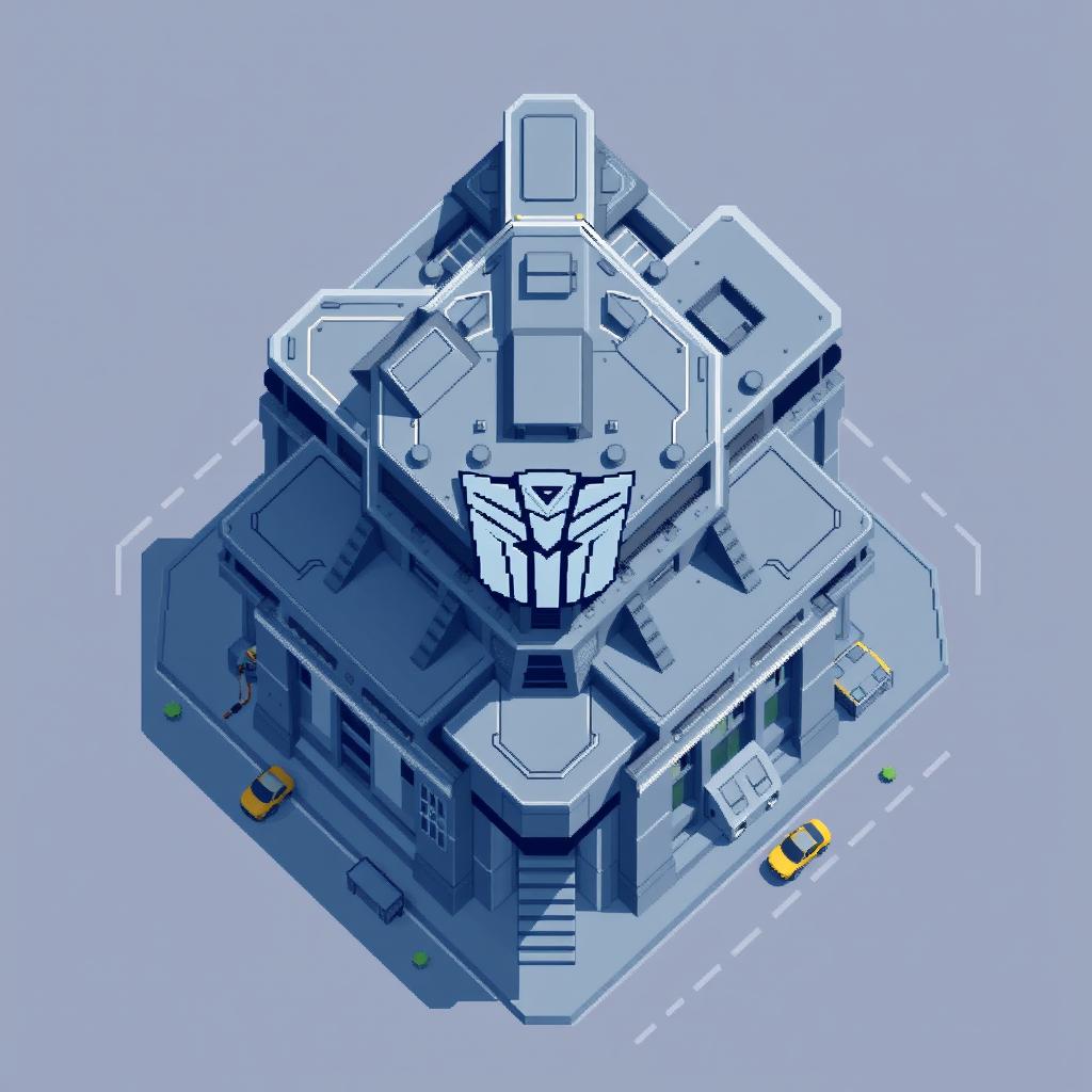 A top-down view of an Autobot building in pixel art style, featuring a gray-blue color palette