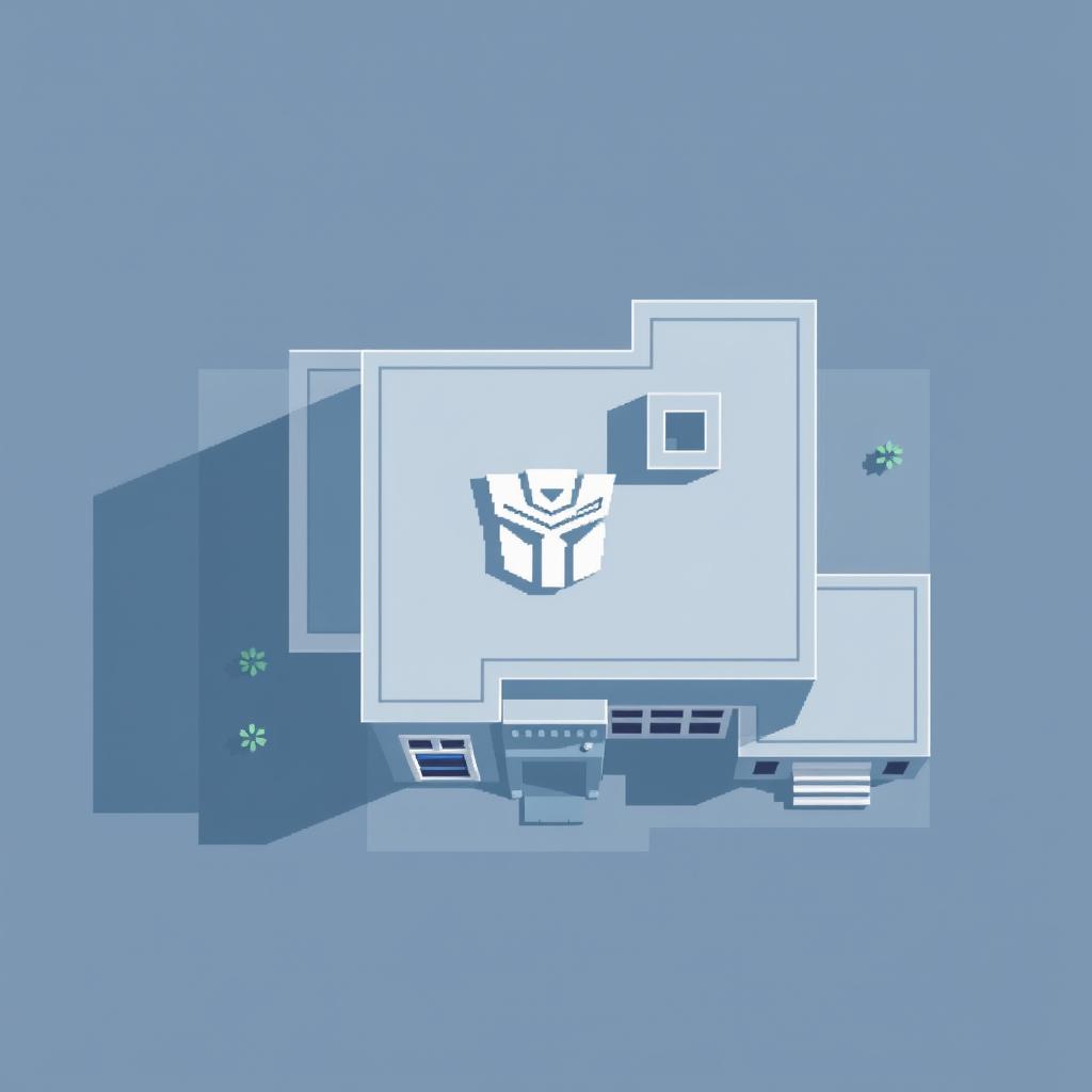 A minimalist top-down view of an Autobot building in pixel art style, using a gray-blue color palette