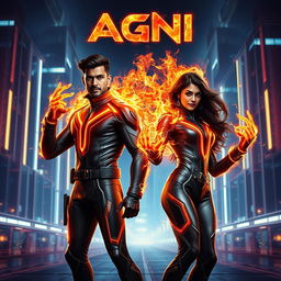 A cinematic sci-fi action superhero film poster titled 'AGNI', showcasing a modern Indian man and woman in sleek, futuristic full-body superhero costumes