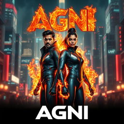 A cinematic sci-fi action superhero film poster titled 'AGNI', showcasing a modern Indian man and woman in sleek, futuristic full-body superhero costumes