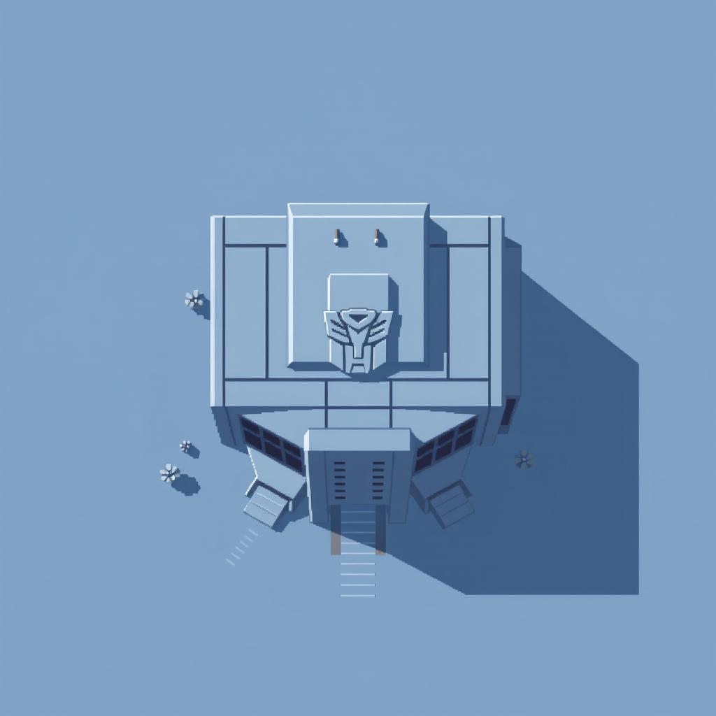 A minimalist top-down view of an Autobot building in pixel art style, using a gray-blue color palette