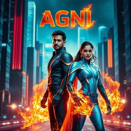 A cinematic sci-fi action superhero film poster titled 'AGNI', showcasing a modern Indian man and woman in sleek, futuristic full-body superhero costumes