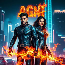 A cinematic sci-fi action superhero film poster titled 'AGNI', showcasing a modern Indian man and woman in sleek, futuristic full-body superhero costumes