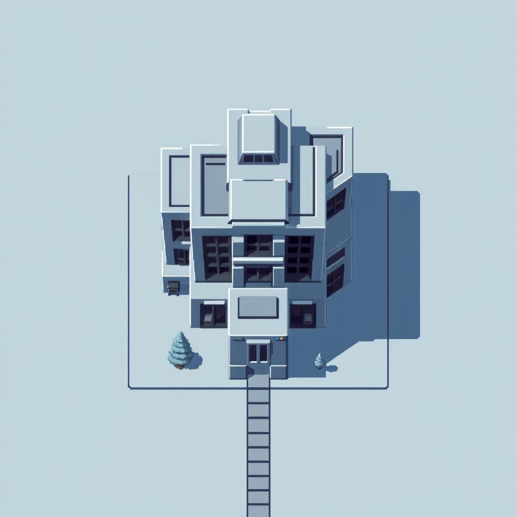 A top-down view of an Autobot building in pixel art style, featuring a gray-blue color palette and minimalist design with no windows