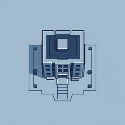 A top-down view of an Autobot building in pixel art style, featuring a gray-blue color palette and minimalist design with no windows