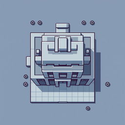 A top-down view of an Autobot building in pixel art style, featuring a gray-blue color palette and minimalist design with no windows