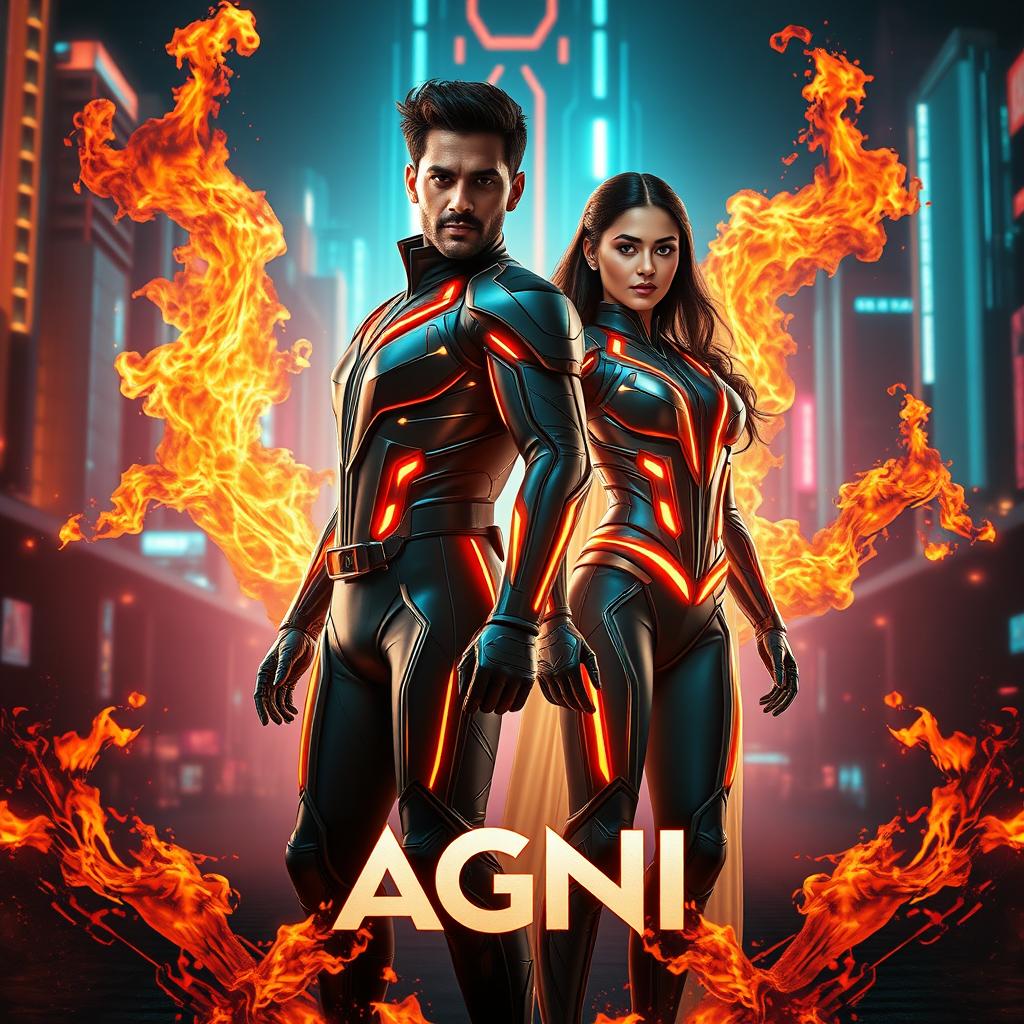 A cinematic sci-fi action superhero film poster titled 'AGNI'