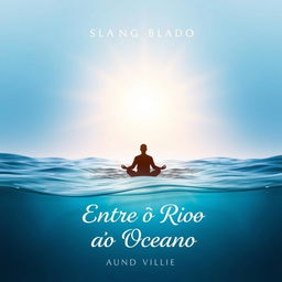 A book cover design titled "Entre o Rio ao Oceano" featuring a stunning gradient background that transitions from deep ocean blue at the bottom to a serene and illuminated sky at the top, symbolizing the journey of self-knowledge