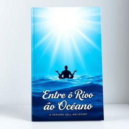 A book cover design titled "Entre o Rio ao Oceano" featuring a stunning gradient background that transitions from deep ocean blue at the bottom to a serene and illuminated sky at the top, symbolizing the journey of self-knowledge