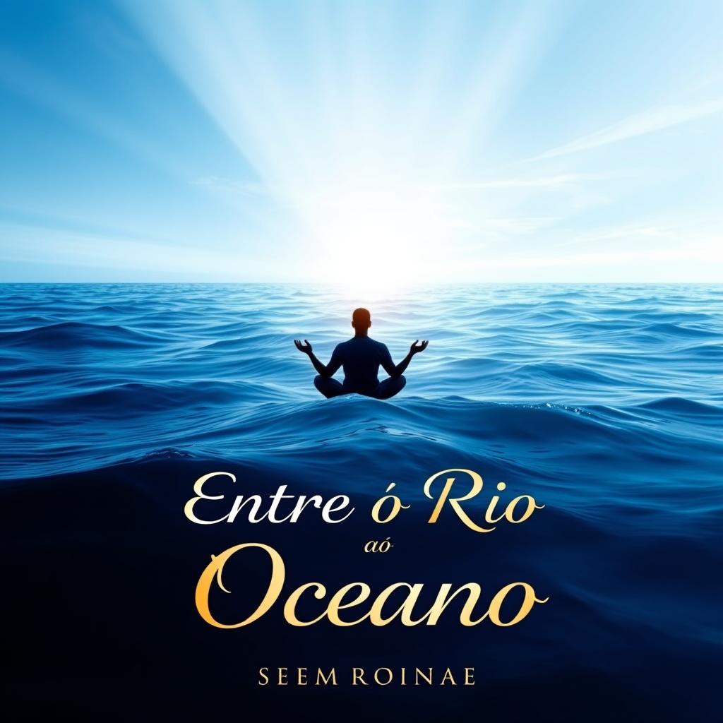 A book cover design titled "Entre o Rio ao Oceano" featuring a stunning gradient background that transitions from deep ocean blue at the bottom to a serene and illuminated sky at the top, symbolizing the journey of self-knowledge