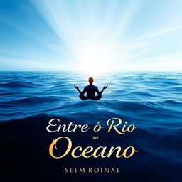 A book cover design titled "Entre o Rio ao Oceano" featuring a stunning gradient background that transitions from deep ocean blue at the bottom to a serene and illuminated sky at the top, symbolizing the journey of self-knowledge