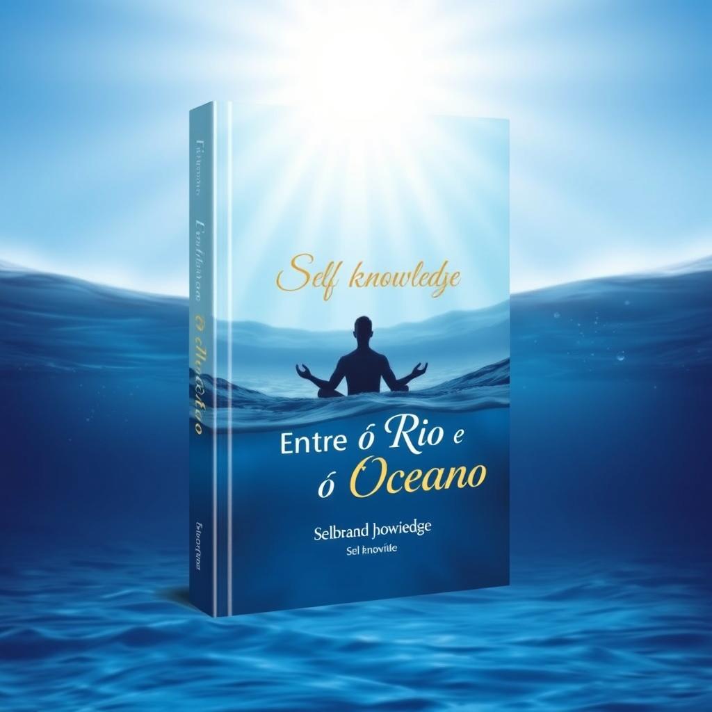 A book cover design titled "Entre o Rio e o Oceano" featuring a beautiful gradient background that transitions from deep ocean blue at the bottom to a serene and illuminated sky at the top, symbolizing the journey of self-knowledge