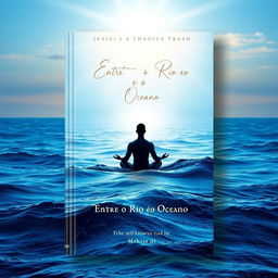 A book cover design titled "Entre o Rio e o Oceano" featuring a beautiful gradient background that transitions from deep ocean blue at the bottom to a serene and illuminated sky at the top, symbolizing the journey of self-knowledge