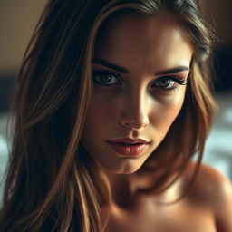 A beautiful young woman with doe-like eyes, showcasing an alluring and seductive expression