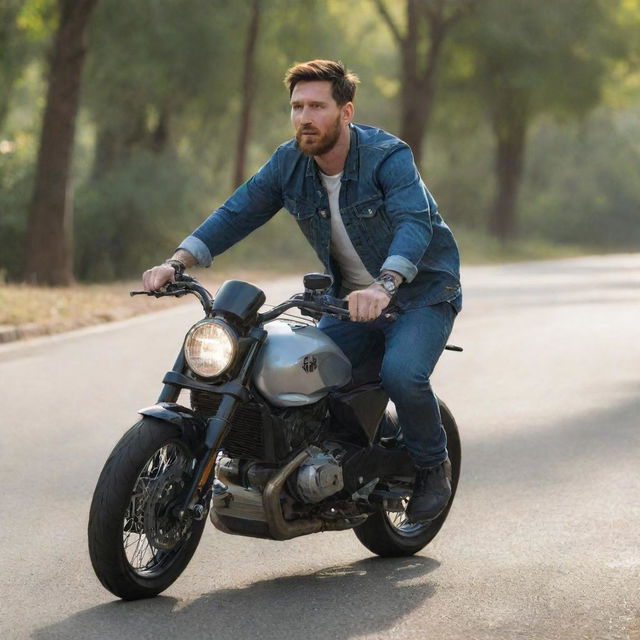 Lionel Messi riding a motorcycle, wearing casual attire. The background consists of a sunlit road with trees lining both sides.