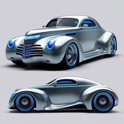 A futuristic design of a 1939 Chevrolet Coupe, featuring an innovative widebody style with exaggerated wide tires