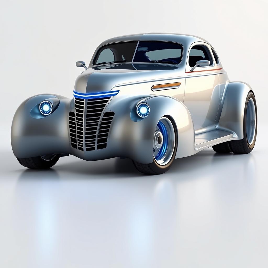 A futuristic design of a 1939 Chevrolet Coupe, featuring an innovative widebody style with exaggerated wide tires