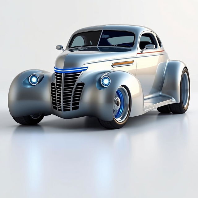 A futuristic design of a 1939 Chevrolet Coupe, featuring an innovative widebody style with exaggerated wide tires