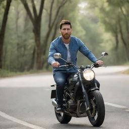 Lionel Messi riding a motorcycle, wearing casual attire. The background consists of a sunlit road with trees lining both sides.