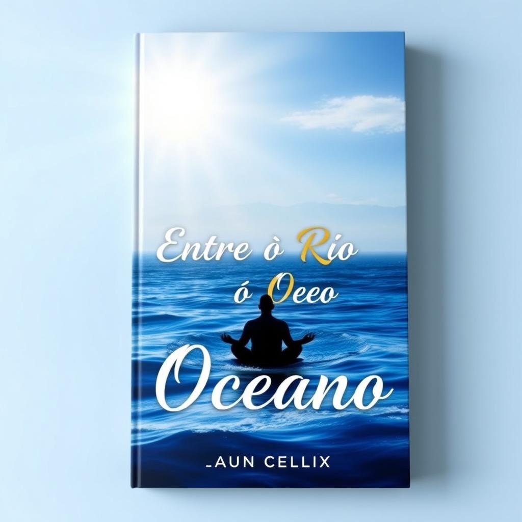 A book cover design titled "Entre o Rio eo Oceano" featuring a beautiful gradient background that transitions from deep ocean blue at the bottom to a serene and illuminated sky at the top, symbolizing the journey of self-knowledge