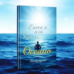 A book cover design titled "Entre o Rio eo Oceano" featuring a beautiful gradient background that transitions from deep ocean blue at the bottom to a serene and illuminated sky at the top, symbolizing the journey of self-knowledge