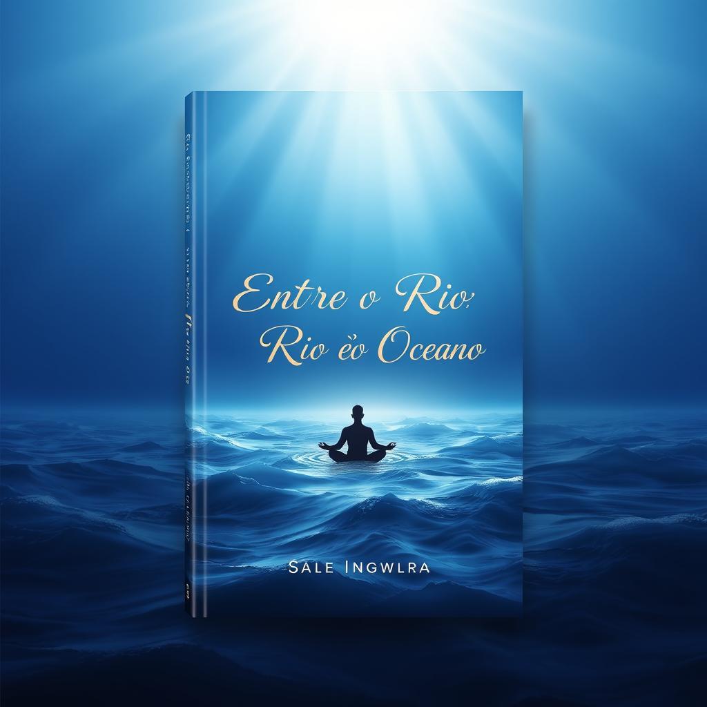 A book cover design titled "Entre o Rio eo Oceano" featuring a beautiful gradient background that transitions from deep ocean blue at the bottom to a serene and illuminated sky at the top, symbolizing the journey of self-knowledge