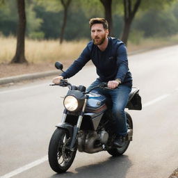 Lionel Messi riding a motorcycle, wearing casual attire. The background consists of a sunlit road with trees lining both sides.