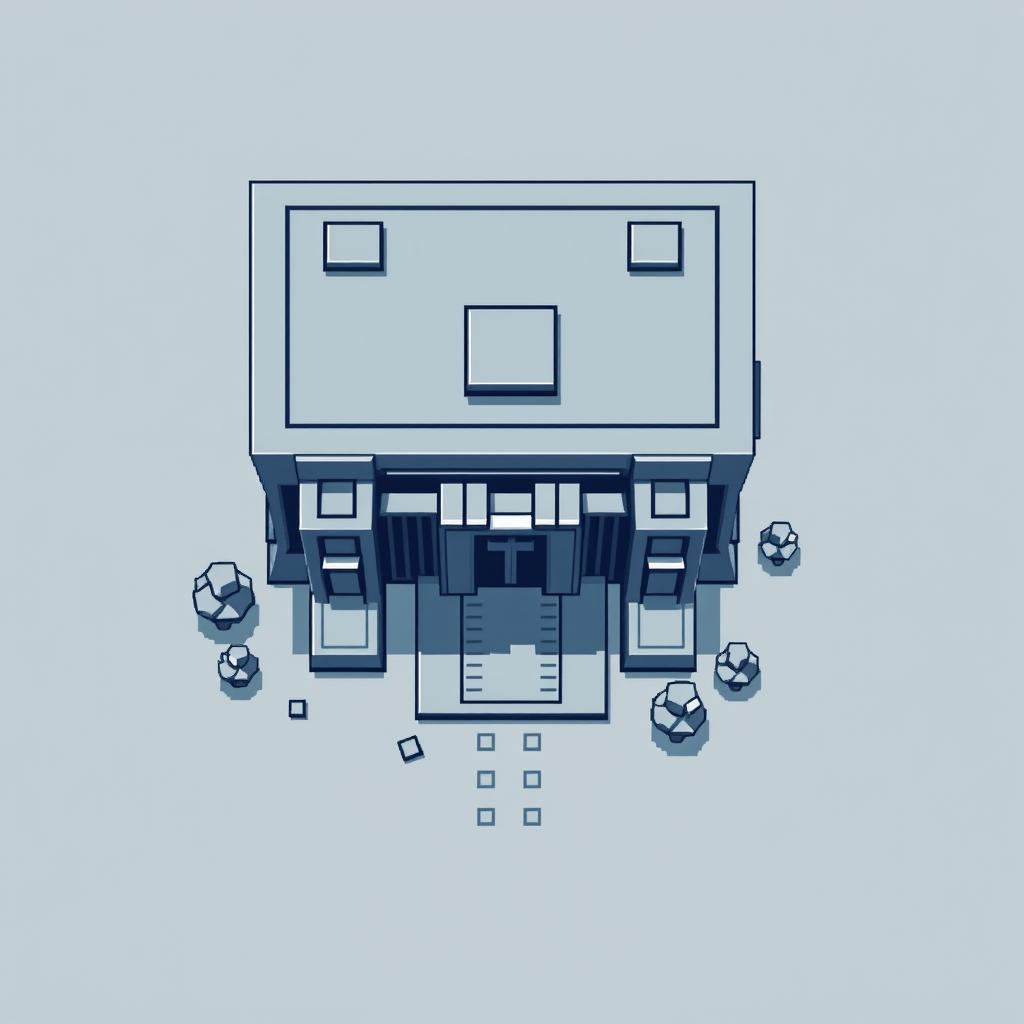 A top-down view of an Autobot building in pixel art style, featuring a minimalist design in a gray-blue color palette