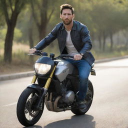 Lionel Messi riding a motorcycle, wearing casual attire. The background consists of a sunlit road with trees lining both sides.