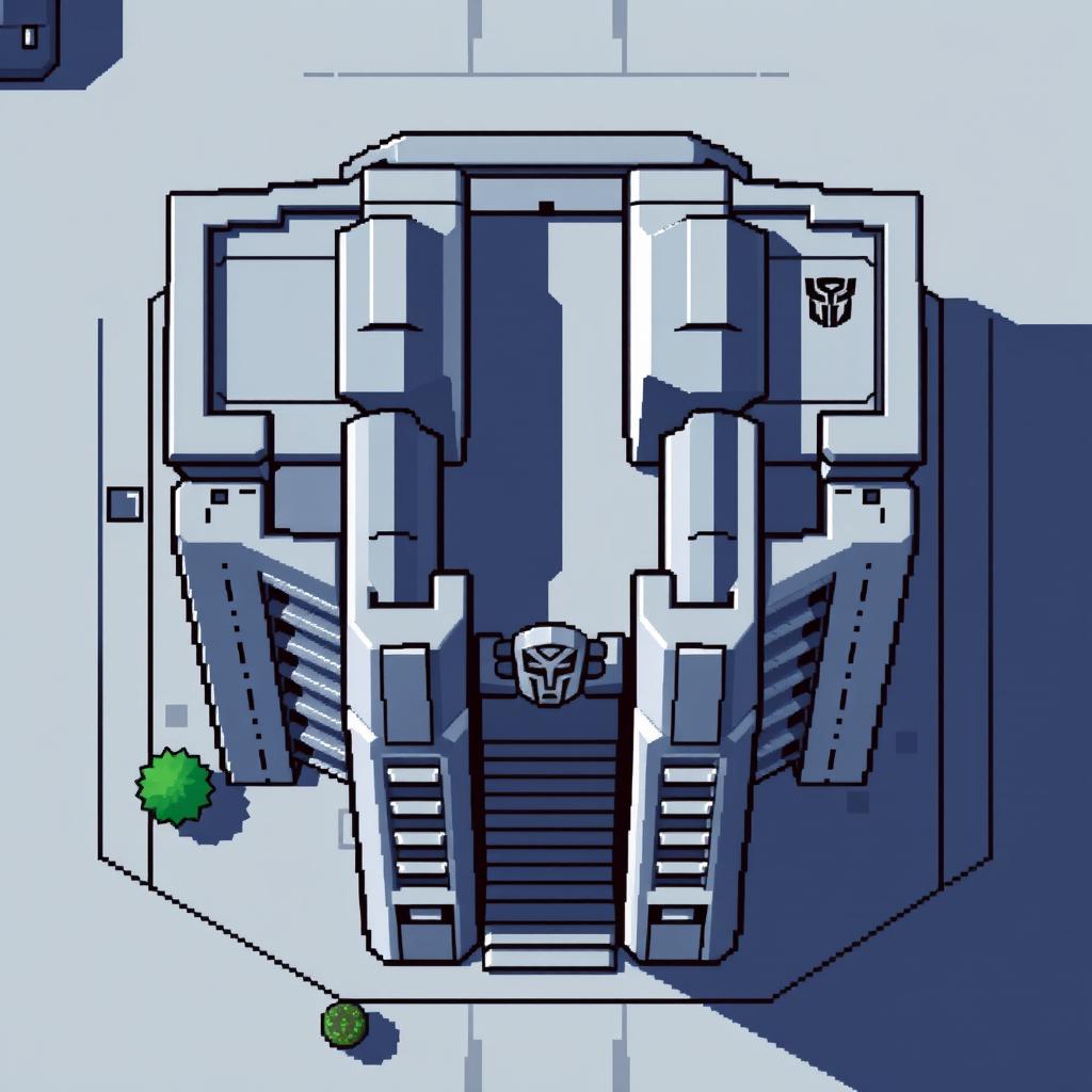 A top-down view of an Autobot building in pixel art style, featuring a minimalist design without windows but including prominent gates