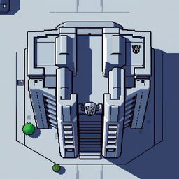 A top-down view of an Autobot building in pixel art style, featuring a minimalist design without windows but including prominent gates