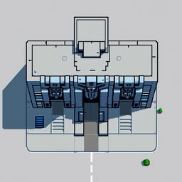 A top-down view of an Autobot building in pixel art style, featuring a minimalist design without windows but including prominent gates