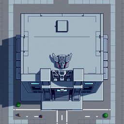 A top-down view of an Autobot building in pixel art style, featuring a minimalist design without windows but including prominent gates