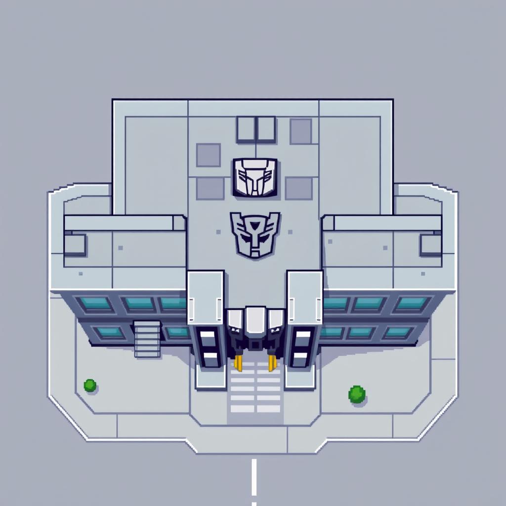 A top-down view of an Autobot building in pixel art style, featuring a minimalist design without windows but including prominent gates