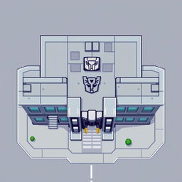 A top-down view of an Autobot building in pixel art style, featuring a minimalist design without windows but including prominent gates