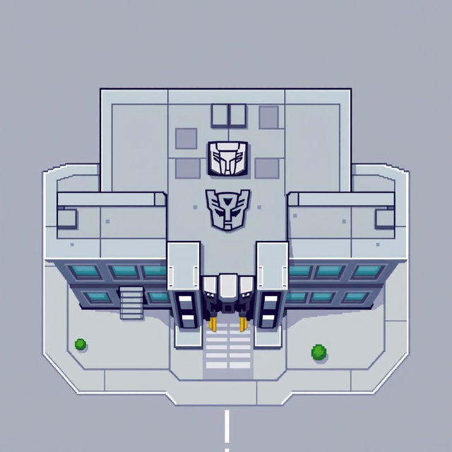 A top-down view of an Autobot building in pixel art style, featuring a minimalist design without windows but including prominent gates