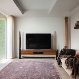 A 12x20 feet living room featuring a stylish TV unit on the shorter wall. The room exhibits contemporary furniture, a plush rug, sidelights, and a balanced blend of comfort and modern aesthetics.