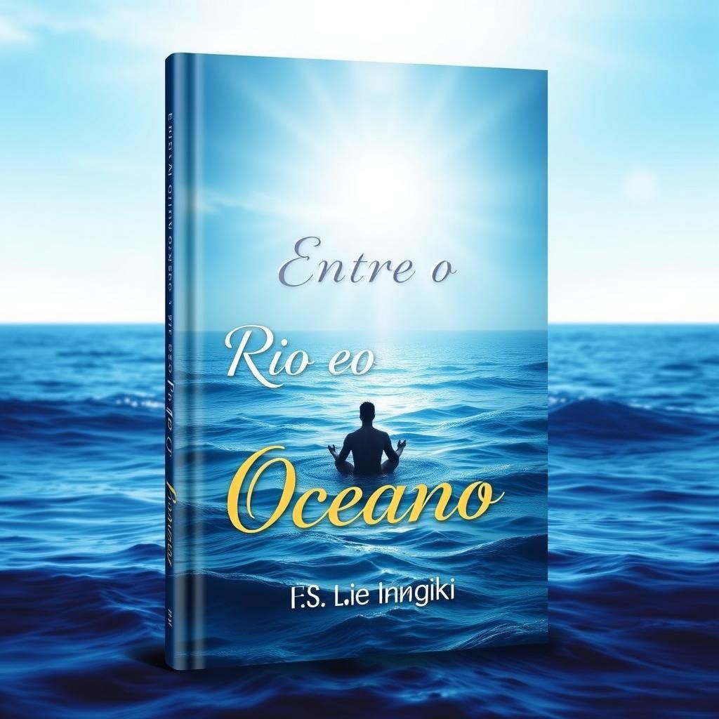 A book cover design titled "Entre o Rio e o Oceano" featuring a beautiful gradient background that transitions from deep ocean blue at the bottom to a serene and illuminated sky at the top, symbolizing the journey of self-knowledge